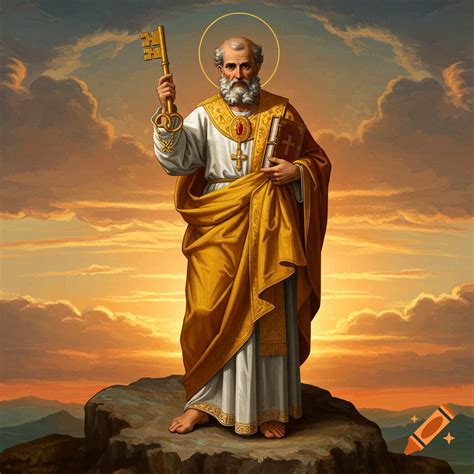 Painting of Saint Peter holding keys and a book, standing on a rock at ...