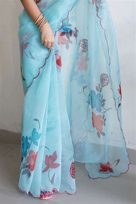 Buy Sky Blue Organza Saree 63928 Online | Karagiri