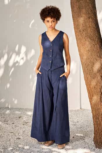 Buy Blue Cotton V-neck Neverland Waistcoat And Flared Pant Co-ord Set ...