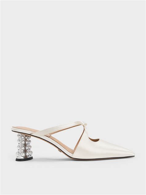 White Jacinda Beaded Heel Bow Mules - CHARLES & KEITH IN