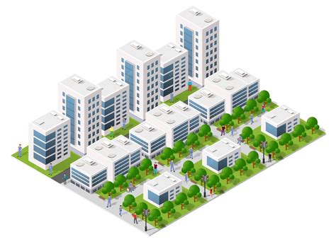 Modern isometric city center with people walking and trees | Premium Vector