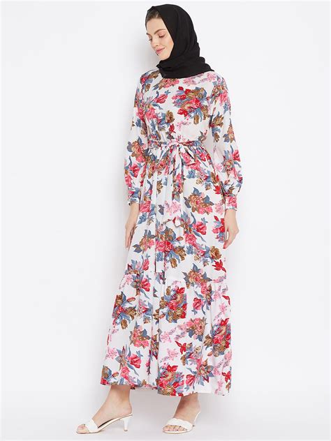 Nabia Women White Floral Printed Crepe Two Frill Abaya Dress With Geor