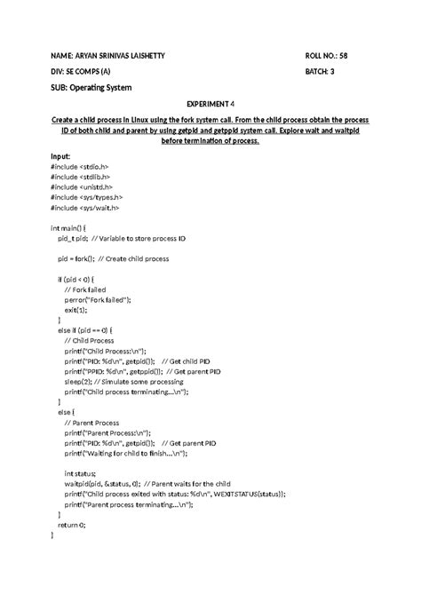 Exp4 - SE COMPS (A) Practical: Creating Child Process in Linux - Studocu