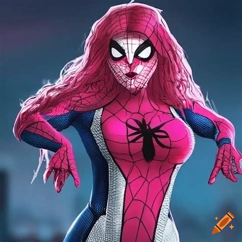 A female spider-man oc with a reddish pink and white suit on Craiyon