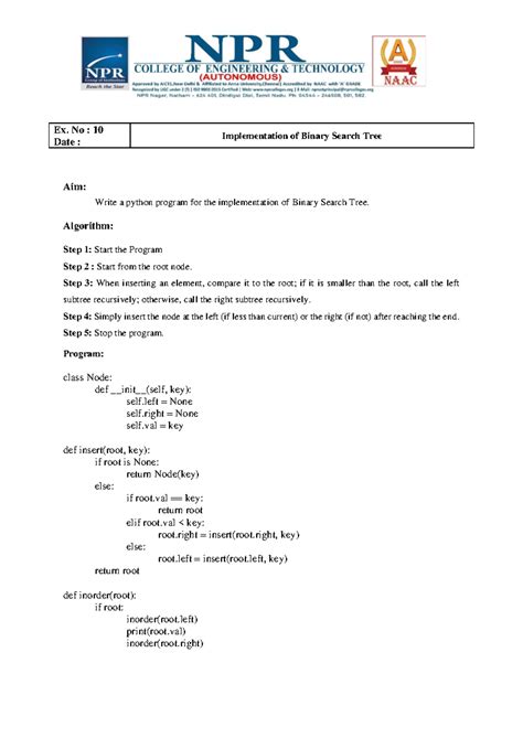 DSA Lab Experiments: Implementation of BST & Heaps - Ex. 10 & 11 - Studocu