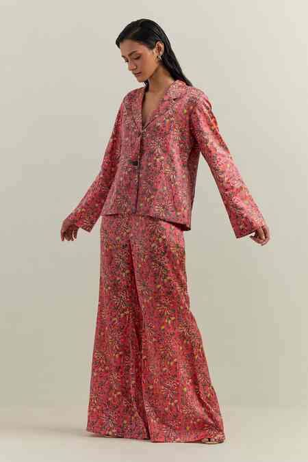 Buy Peach Satin Floral Block Print Flared Trouser For Women by Shikha ...