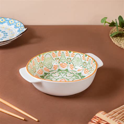 Mandala Green Floral Ceramic Baking Bowl With Handle 9 inch Online ...