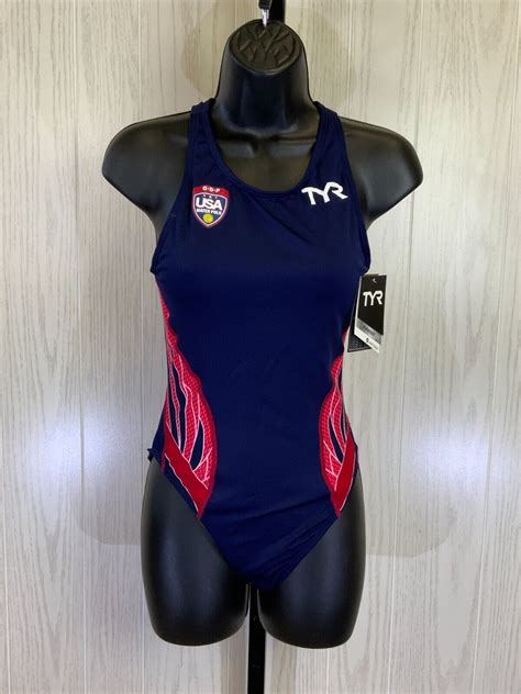 TYR Womens Large 36f Navy Blue Red Water Polo Swim Suit Phoenix Splice ...