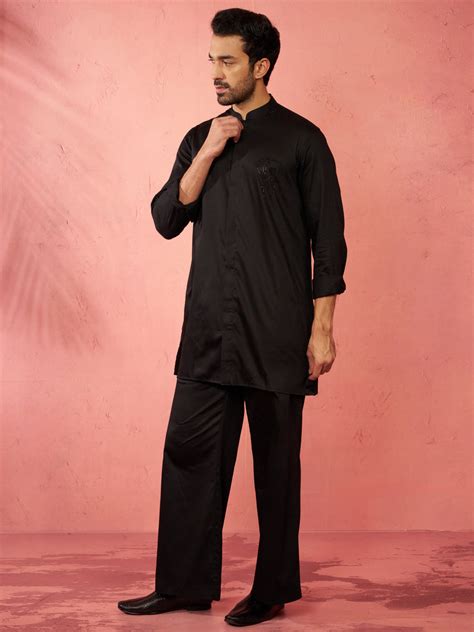 Men's Black Satin Stone Work Kurta Pant Set | VASTRAMAY – vastramay