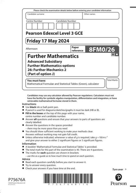 Pearson Edexcel Level 3 GCE Further Mathematics Advanced Subsidiary ...