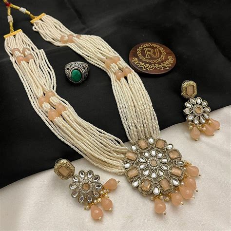 FS Collection Oxidised Plated Heritage Pearl And Beads Long Pota Stone ...