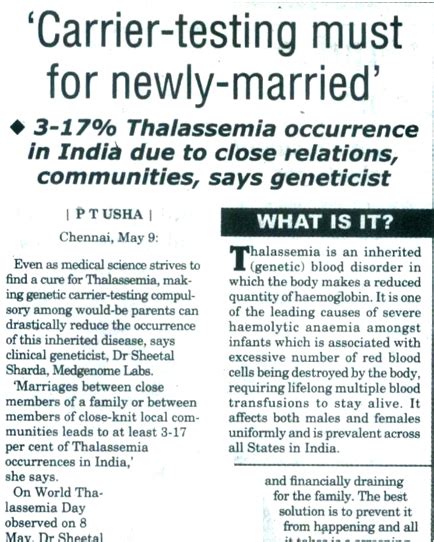 Carrier-testing must for newly-married – News Today – Chennai ...