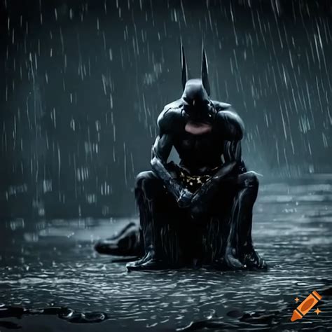Batman sitting sad in the rain on Craiyon