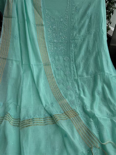 Mul Chanderi Length with Dupatta - Green - ARIAA CHIKANKARI