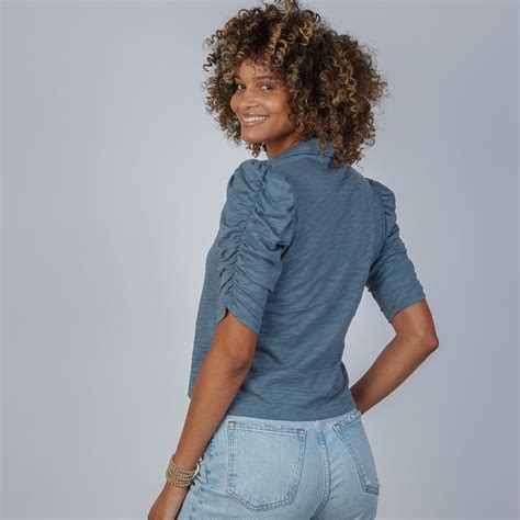 Grace Button-Up Elbow-Length Tee in Slate Blue - erin gray