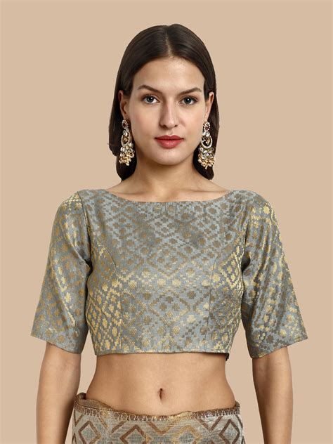 Grey Boat Neck Brocade Blouse – House of Vardha