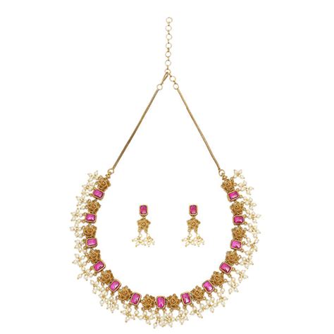 Square Cut CZ and Faux Pearls Adorned Brass Gold Plated Jewellery Set ...