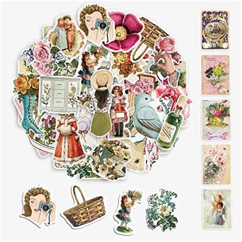 rousrie Vinyl Self-Adhesive Stickers for Journal (Pack of 60), Vintage ...