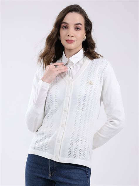 Buy Women White Self Design V Neck Full Sleeve Cardigan Online in India ...