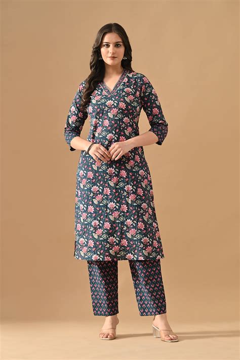Blue Floral Printed Kurta Set (2 Piece) – SABHYATA CLOTHING
