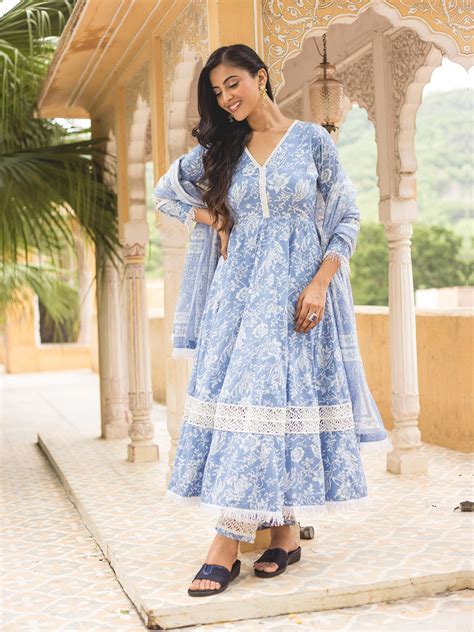 Powder Blue Cotton Printed Anarkali Suit With Laces – Suti Rang