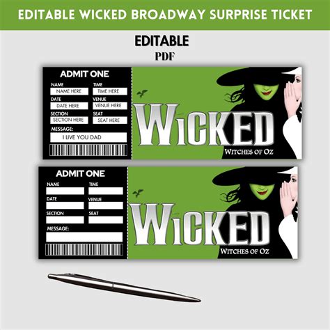 Printable Wicked Broadway Surprise Ticket, Musical Theatre Faux Event ...