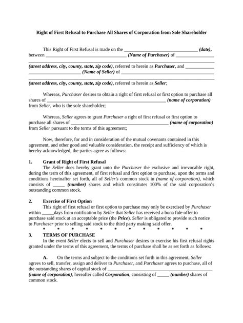 Right of First Refusal to Purchase Corporate Shares - Blank Fillable ...