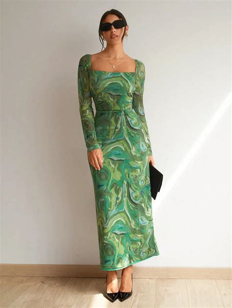 SHEIN Privé Marble Print Contrast Mesh Square Neck Dress | SHEIN USA