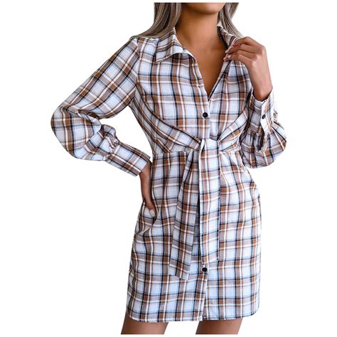 HAPIMO Womens Plaid Dresses Flannel Babydoll Dress Casual Lapel Collar ...