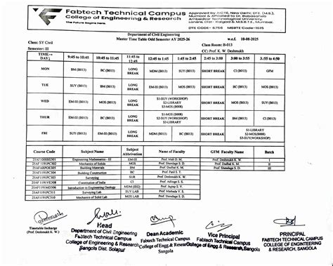 Civil Engineering Timetable/ Academic Calendar