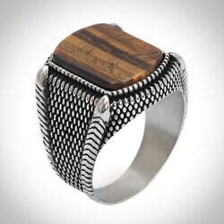 B Series Dot Patterned Mens Ring Brown Tiger Eye Stone
