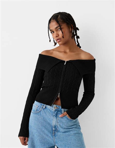 Cable-knit Bardot cardigan with zip - BSK Teen | Bershka