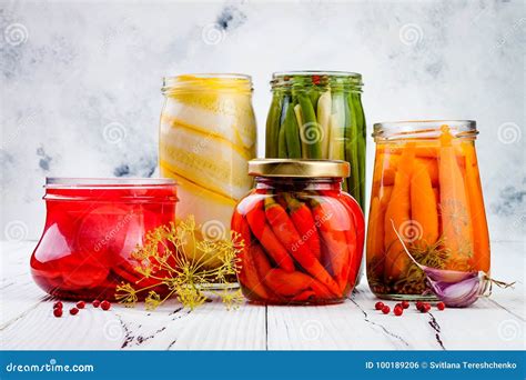Marinated Pickles Variety Preserving Jars. Homemade Green Beans, Squash ...