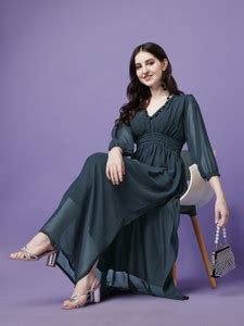 Krunal Raiyani Women Fit and Flare Dark Blue Maxi/Full Length Dress ...