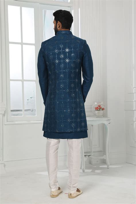 Shop for Dark Blue Silk Kurta Pajama With Jacket Online | Saree Buta ...