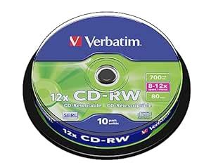 Verbatim 43480 CD-RW 700MB 8X-12X Rewritable Media Disc (Pack of 10 ...