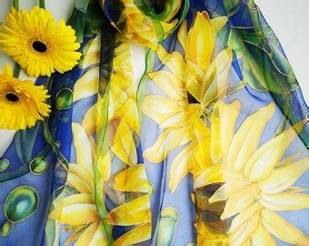 Hand Painted Habotai Silk Scarf. Yellow Sunflowers on a Turquoise ...