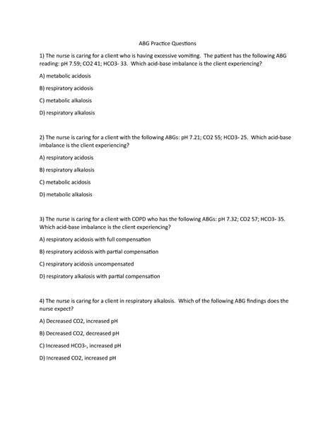 ABG Practice Questions - ABG Practice Questions The nurse is caring for ...