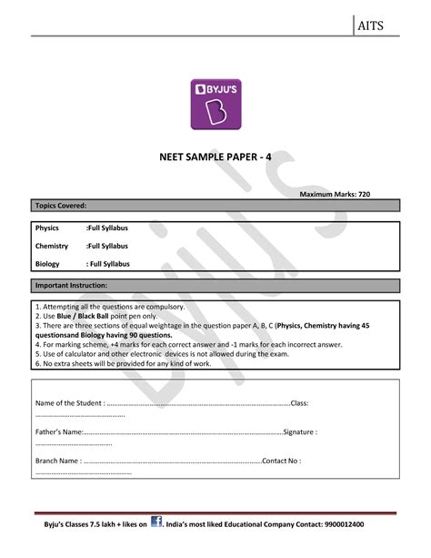 Saturday - nothing.. - NEET SAMPLE PAPER - 4 Maximum Marks: 720 Topics ...