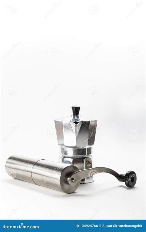 Moka Pot and Coffee Grinder Stock Photo - Image of background ...
