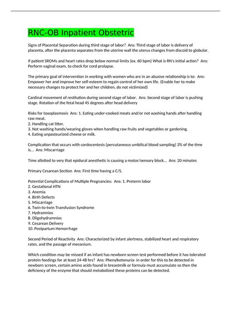 RNC-OB Inpatient Obstetric QUESTIONS WITH COMPLETE SOLUTION 2022 - RNC ...