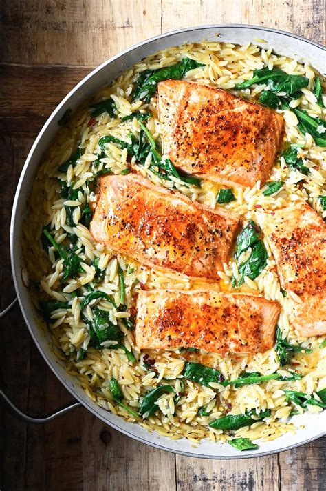 One Skillet Salmon with Lemon Orzo - Serving Dumplings