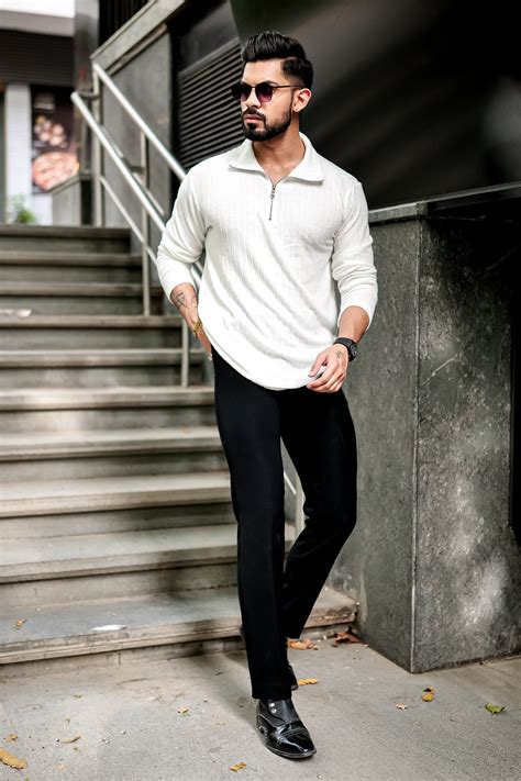 Gritstones Self Design White Zipper Closure T-Shirt