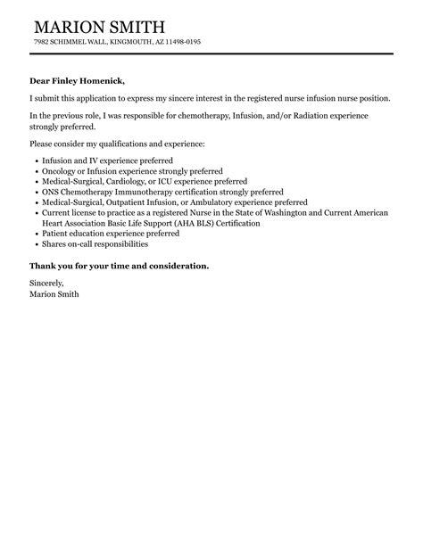 Registered Nurse Infusion Nurse Cover Letter | Velvet Jobs