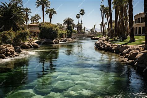 A lush green oasis in the desert with palm trees and flowing water ...