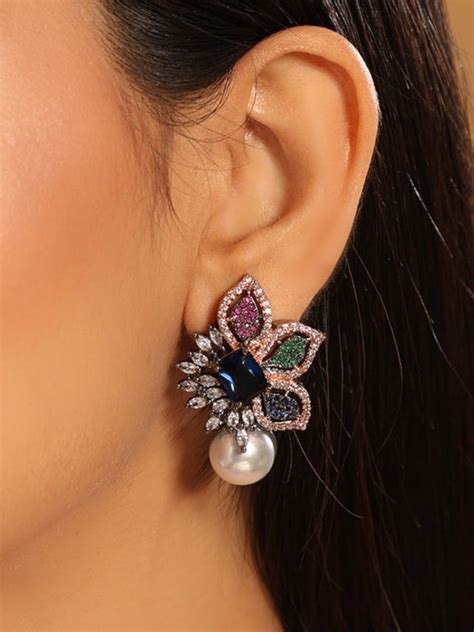 Gold & Rhodium Plated Rhinestone Studded Contemporary Butterfly Studs ...
