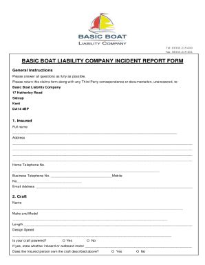 Fillable Online BASIC BOAT LIABILITY COMPANY INCIDENT REPORT FORM Fax ...