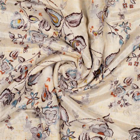 Off White Floral Pattern Digital Print Viscose Uppada Silk Fabric ...