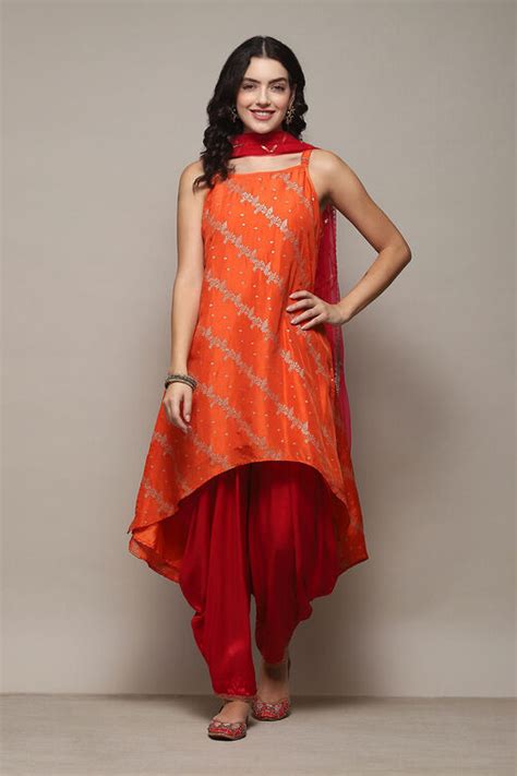 Orange Viscose Shantoon Kurta Dhoti Salwar Suit Set at Biba India