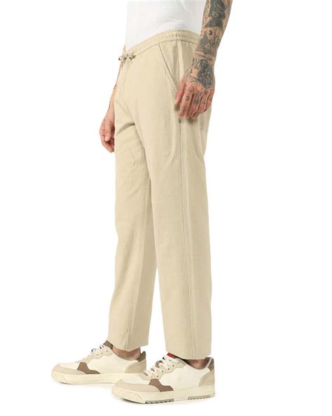Textured Straight Fit Trousers with Elasticated Waistband